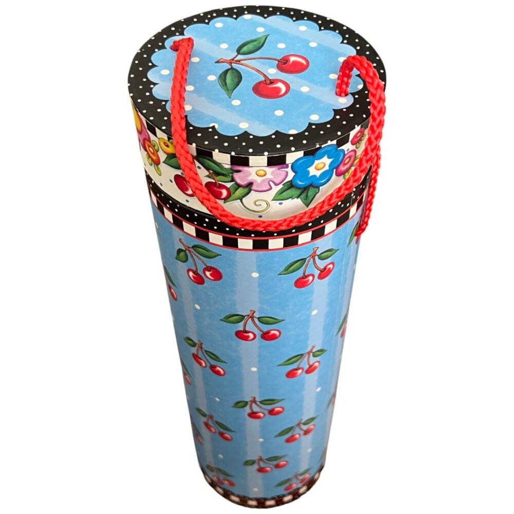 Vtg Mary Engelbreit Lidded Wine Bottle Holder – Cherries & Florals – 13” T x 4"